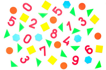 Colorful geometric shapes and numbers isolated on white background. Square, circle, triangle, hexagon.