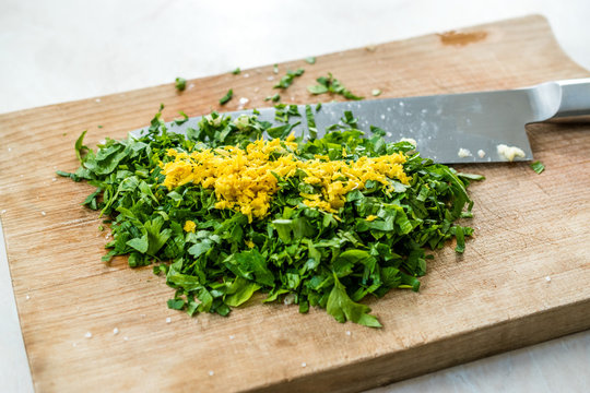Gremolata Ingredients Lemon Zest, Parsley and Garlic for Osso Buco, Veal Shanks that are Braised in Wine.