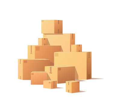 Pile of parcel boxes, stacked sealed goods in cardboard. Realistic packages with adhesive tape isolated on white. Carton packs vector delivery icons