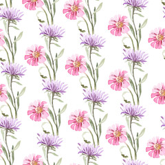 Watercolor botanical pattern of pink  and blue spring flowers. Seamless pattern. Textile design. Gift wrap. Pink flowers, white background, spring print. Template.