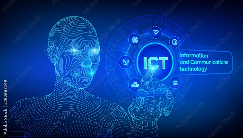 Poster ict. information and communication technology concept on virtual screen. wireless communication netw
