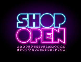 Vector bright Sign Shop Open with pink Uppercase Font. Neon glowing Alphabet. Illuminated Letters and Numbers set