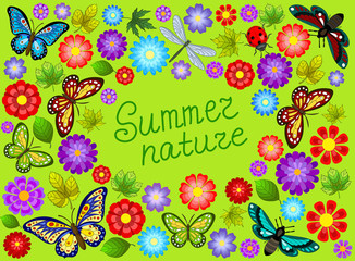 Frame for text, butterflies, flowers, leaves on a green background