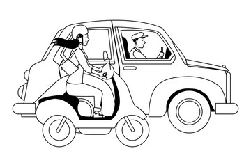 Vehicle and motorcycle with drivers riding in black and white