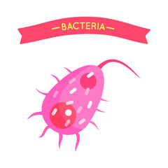 Bacteria and virus poster with banner red stripe. Microorganism icon closeup of bacteriology molecule. Macro organism pibk cell isolated vector