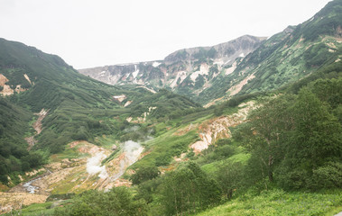 Fototapeta na wymiar Valley of Geysers in Kronotsky Nature Reserve. A geyser field on Kamchatka Peninsula, Russia. Slopes around Geysernaya River, into which geothermal waters flow from stratovolcano Kikhpinych.