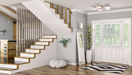 Interior of modern hall with staircase 3d rendering