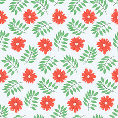 Tender floral seamless pattern with cute red flowers and fresh green branches with leaves. Summer botanical texture with blossoms and herbs for textile, wrapping paper, background, surface, wallpaper