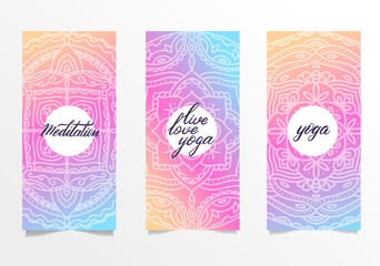 Yoga bright background. Template with mandala in bright color for banners, sites of spiritual development, posters. Set of 3 leaflets with gradient mandalas and hand brush lettering.
