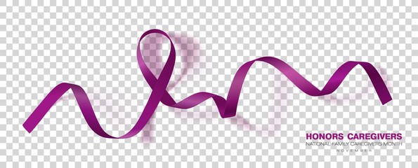 Honors Caregivers. National Family Caregivers Month. Plum Color Ribbon Isolated On Transparent Background. Vector Design Template For Poster.