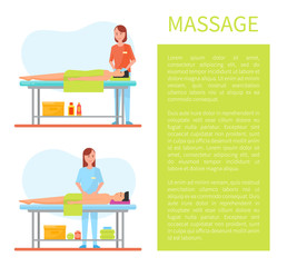 Facial and abdominal and belly massage done by masseuse. Poster with text sample and info about massaging technique, happy clients on tables vector