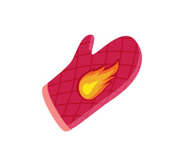 Single oven-glove, vector badges in cartoon style. Mitten of tight textile with diamond and flame pattern, flat isolated kitchen accessory emblem
