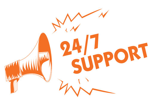 Text sign showing 24 7 Support. Conceptual photo Giving assistance to service whole day and night No downtime Orange megaphone loudspeaker important message screaming speaking loud