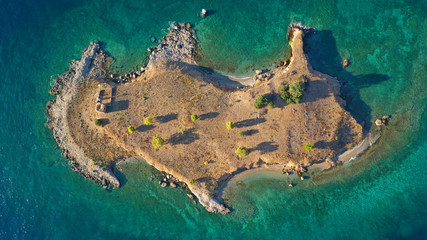 Aerial drone photo of bat shaped island of Apsifia in picturesque village of Galaxidi, Fokida, Greece