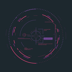 Futuristic aim system overlay vector illustration. Connections and circles. Future information and scope aiming. Radar or targeting system overlay. Visual geometric structure, data with digits.