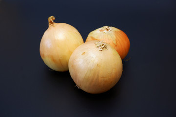 Three bulb of onion on dark gray background close up