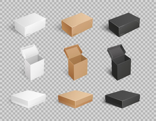 Packages and carton boxes isolated icons on transparent background set vector. Containers with open caps, closed sealed cartons with adhesive tape