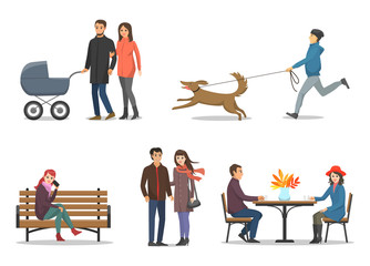 Autumn season activities of people isolated set vector. Family couple with pram and newborn child, boy walking dog. Man and woman drinking coffee