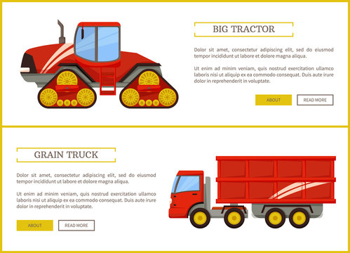 Tractor and grain truck set of posters with text sample. Agrimotor van with trailer for transportation of harvest. Harvester farming machinery vector