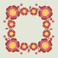 Floral greeting card and invitation template for wedding or birthday, Vector square shape of text box label and frame, Red rosa gallica flowers wreath ivy style with branch and leaves.