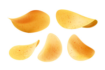 Food snacks accompanying beer drinks set vector. Meal and fastfood crunchy potatoes rings with salt and different tastes. Unhealthy chips and crisps