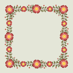 Floral greeting card and invitation template for wedding or birthday, Vector square shape of text box label and frame, Red rosa gallica flowers wreath ivy style with branch and leaves.