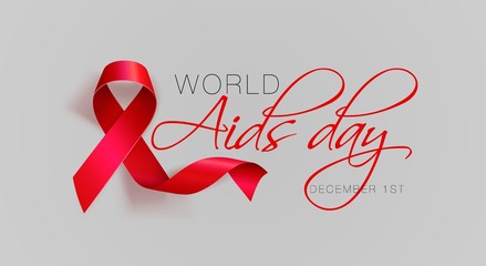 World Aids Day concept. Aids Awareness. Realistic Red Ribbon. Calligraphy Poster Design. Vector illustration