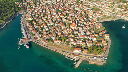 Aerial drone photo from picturesque seaside fishing village and port of historic Galaxidi, Fokida, Greece