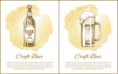 Craft beer objects set hand drawn vector sketches. Full tumbler with flowing foam and closed bottle isolated on beige stain vintage icon for bar menu