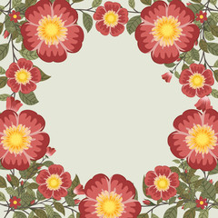 Obraz premium Floral greeting card and invitation template for wedding or birthday, Vector circle shape of text box label and frame, Red rosa gallica flowers wreath ivy style with branch and leaves.
