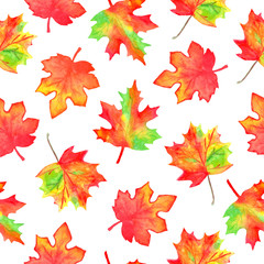 Watercolor seamless pattern with colorful autumn maple leaves. Hand drawn illustration. Paper, cards and fabric design