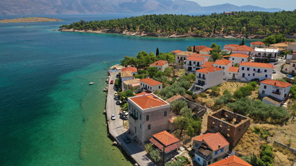 Fototapeta na wymiar Aerial drone photo from picturesque seaside fishing village and port of historic Galaxidi, Fokida, Greece