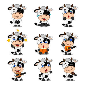 Set of funny cow in cartoon style in different poses and with musical instruments