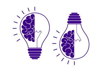 Set. Human brain in a light bulb idea concept flat icon isolated on white background.