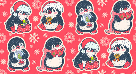 Seamless pattern with cute penguins