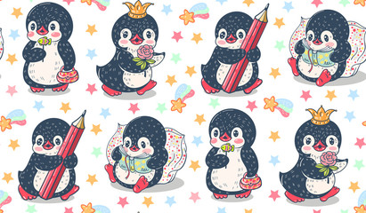 Seamless pattern with cute penguins
