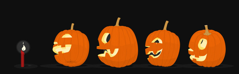 Set of Shining Jack-O'-lantern side view on black background
