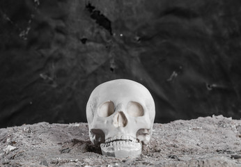 human skull in ash on a black background, halloween