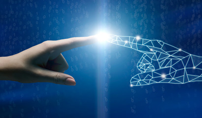 Artificial Intelligence. Robot And Human Touching Fingers