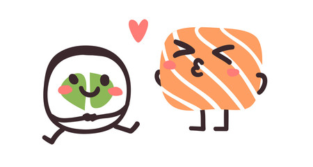 Hand drawn illustration sea food emoticon. Creative ink art work Asian dinner. Actual vector drawing sushi roll emoji