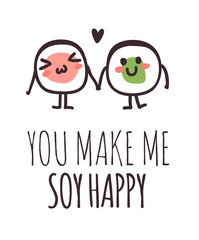 Hand drawn illustration sea food emoticon and quote. Creative ink art work Asian dinner. Actual vector drawing sushi roll emoji and text