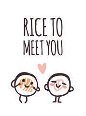 Hand drawn illustration sea food emoticon and quote. Creative ink art work Asian dinner. Actual vector drawing sushi roll emoji and text