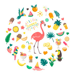Cute summer composition with food, drinks, palm leaves, fruits and flamingo. Bright summertime poster. Collection of scrapbooking elements for beach party.