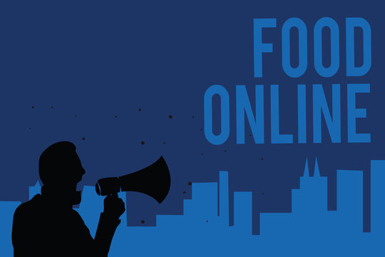 Handwriting text writing Food Online. Concept meaning asking for something to eat using phone app or website Man holding megaphone speaking politician making promises blue background