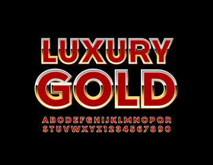 Vector Luxury Gold and Red Alphabet Letters and Numbers. Uppercase shiny Font.