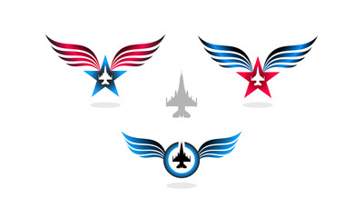 Logo design concept of star with wings and F16 fighter jet