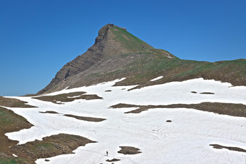 scenic view of swiss alpine mountain faulhorn and snow fields with small distant hiker. Alpine mountain landscape in jungfrau region.