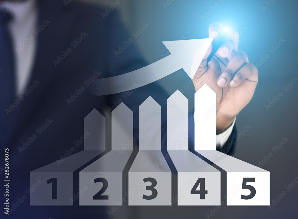 Poster man drawing graph of growth with five places on screen