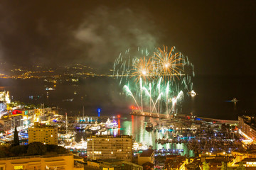 Panoramic lovely view of fireworks on the Principality of Monaco