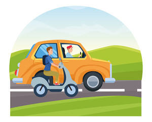 Naklejka premium Vehicle and motorcycle with drivers riding